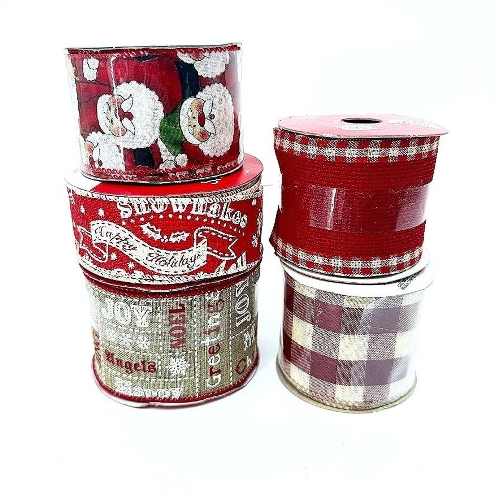 Christmas Holiday Ribbon LOT of 5 Coordinated Rolls Craft Supplies Red White